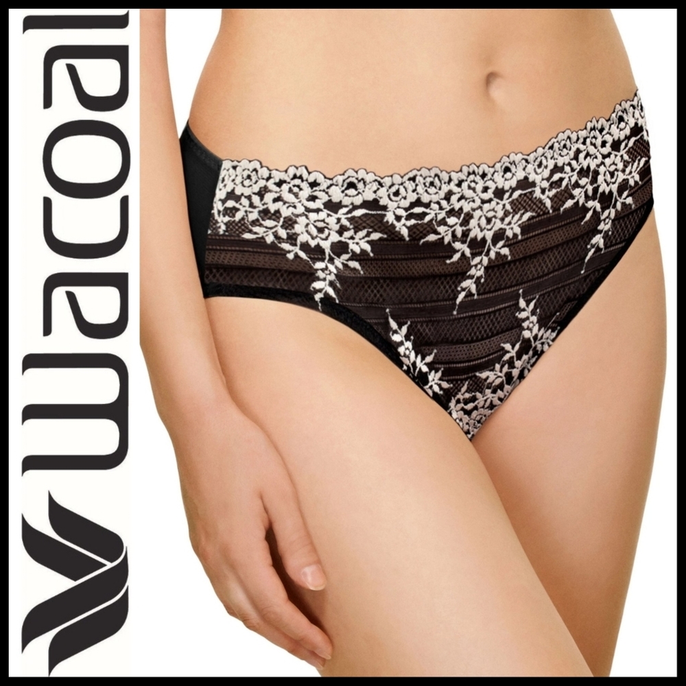 Wacoal Embrace Lace Hi Cut Embroidered Brief Underwear - Black & Ivory - Size S